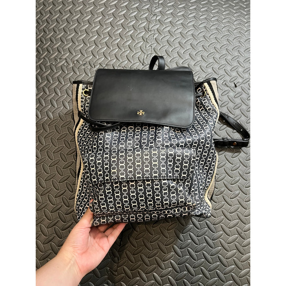 Tory Burch Gemini Link Canvas Leather Backpack Black & White Womens Travel - Picture 3 of 16